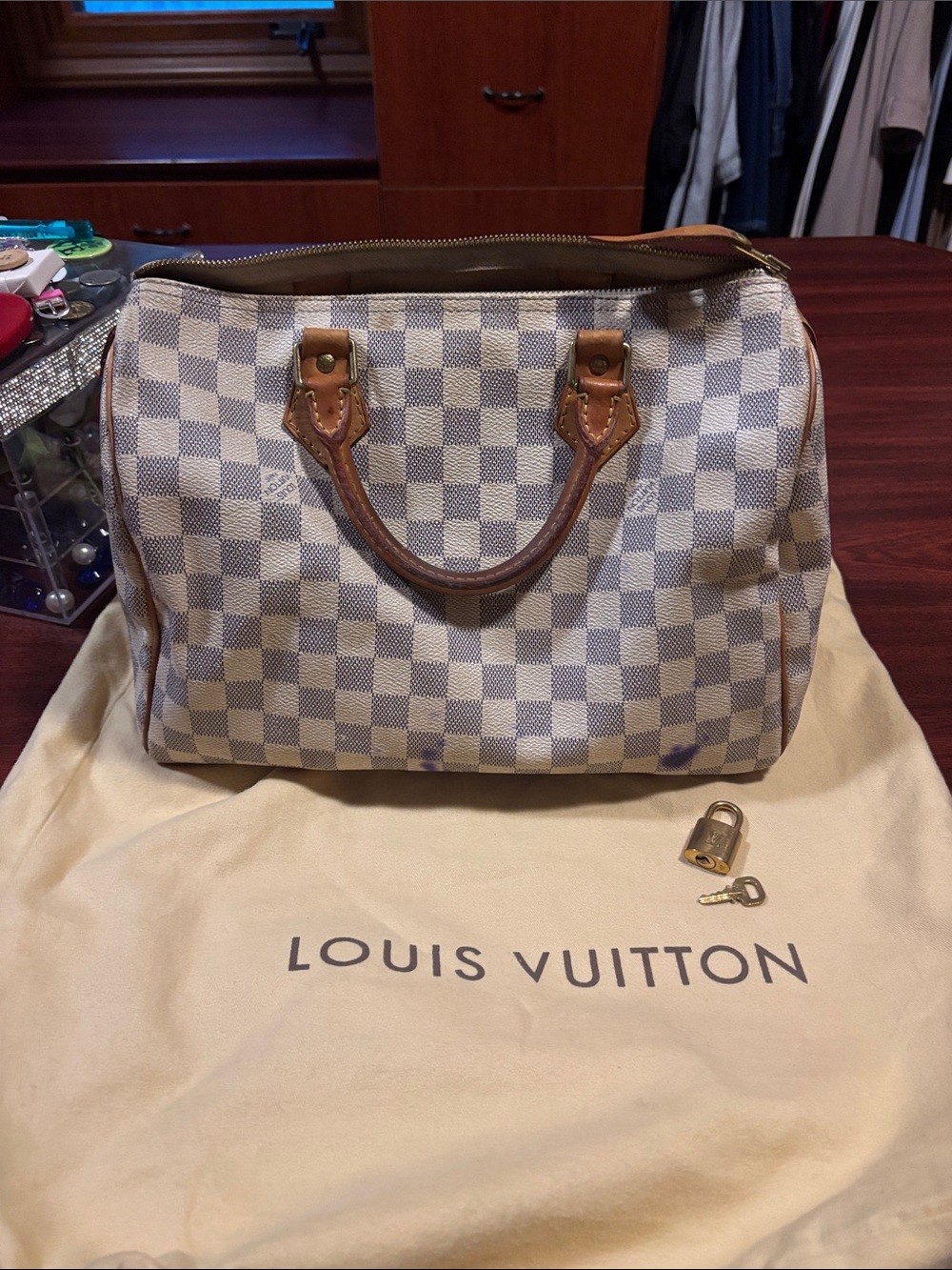 Louis Vuitton Damier Azur Speedy Top-Handle Bag in Light Gray/Beige